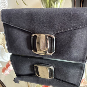 Salvatore Ferragamo Black Nylon Leather Tri Fold Wallet Vintage Clutch